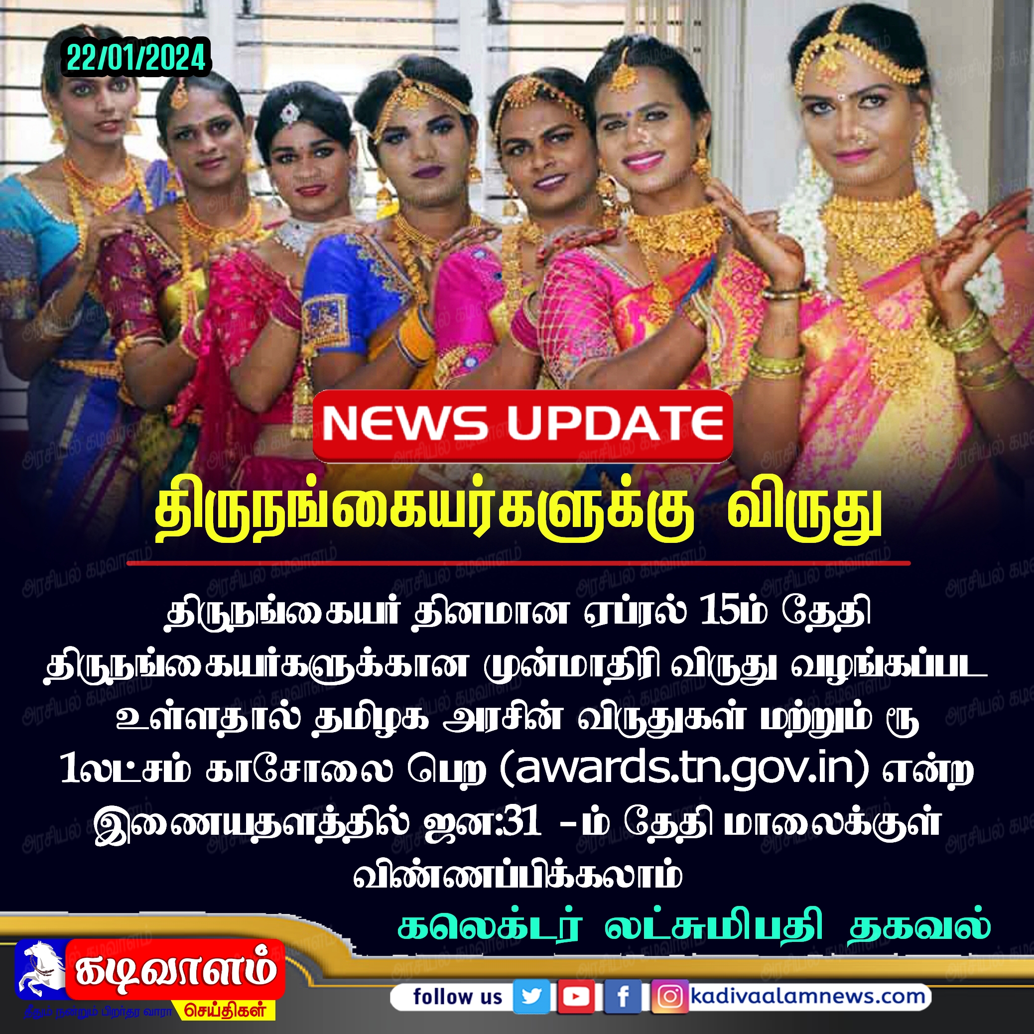 ஏப்ரல் 15ம் தேதி திருநங்கையர் தினம் – திருநங்கையர்கள் முன்மாதிரி விருது மற்றும் ரூ1 லட்சம் பெற விண்ணப்பிக்கலாம் – மாவட்ட ஆட்சியர் தகவல்